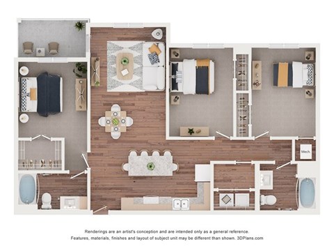 Floor plan for 3 beds, 2 baths, 1329 sqft